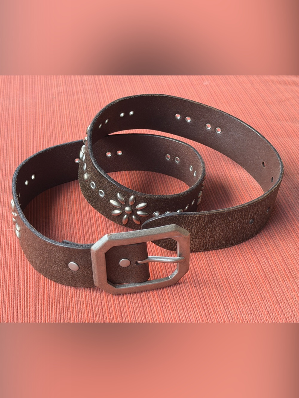 Banana Republic Brown Leather Studded Belt with Floral Metal Conchos